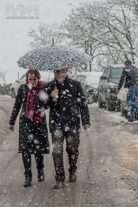 عبور و مرور مردم با چتر در هوای برفی ماسوله