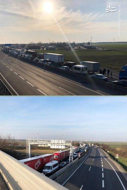 تصاویری از صف طولانی خودروها و کامیون ها در مرز بین مجارستان و اتریش