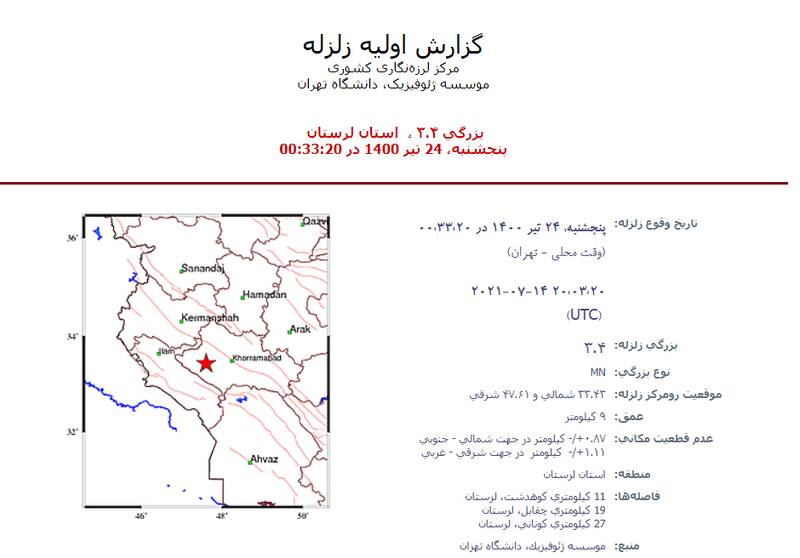 زلزله ۳.۴ ریشتری «کوهدشت» را لرزاند