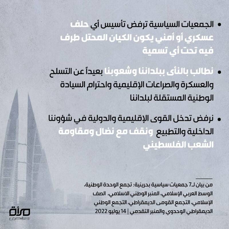 مخالفت احزاب بحرین با هر گونه ائتلاف نظامی با رژیم صهیونیستی