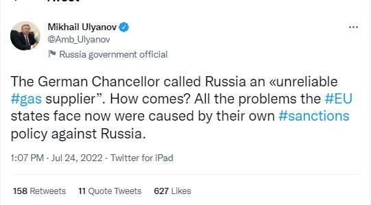 اولیانوف: مشکلات اروپا به دلیل تحریمهای آنها علیه روسیه است