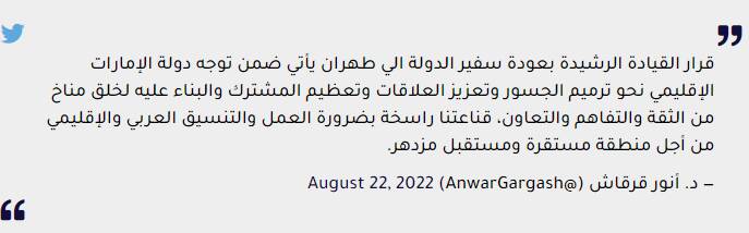 قرقاش: بازگشت سفیر ابوظبی به تهران در راستای به حداکثر رساندن تفاهمات و همکاری است
