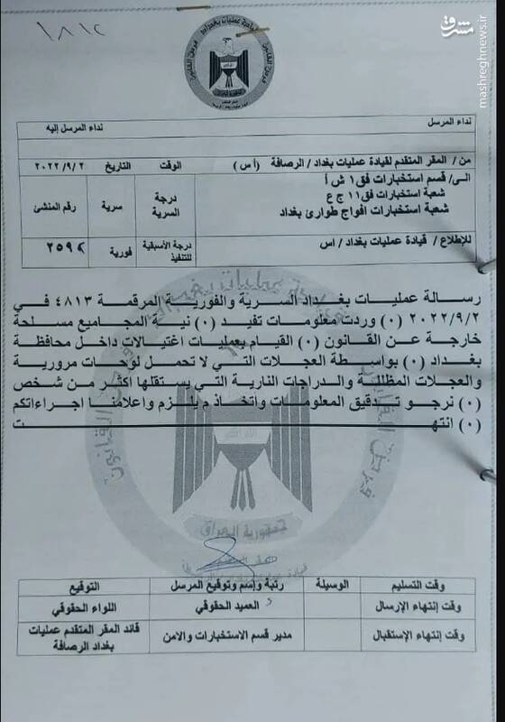 پیام هشدار محرمانه فرماندهی عملیات بغداد+سند