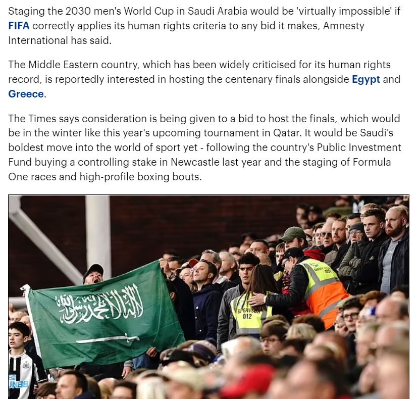 تودهنی محکم سازمان عفو بین الملل به سعودیها/ فیفا: به هیچ عنوان میزبانی عربستان در جام جهانی شدنی نیست!
