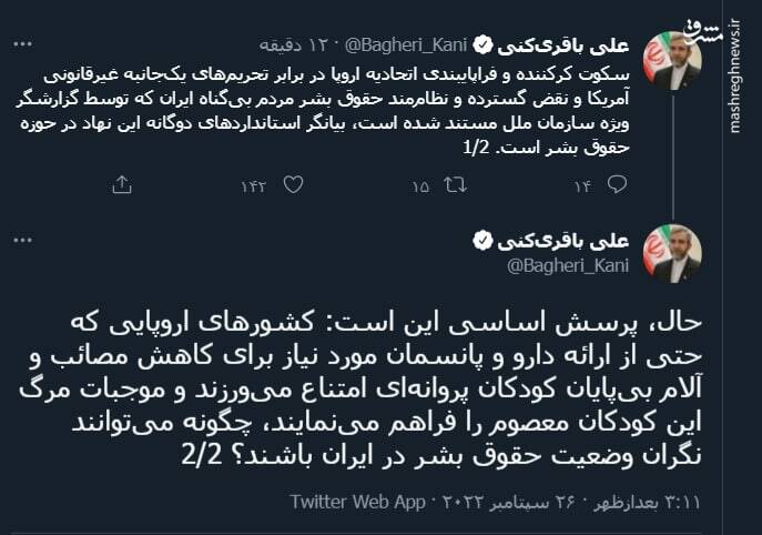 باقری: کشورهای اروپایی چگونه میتوانند نگران وضعیت حقوق بشر در ایران باشند؟