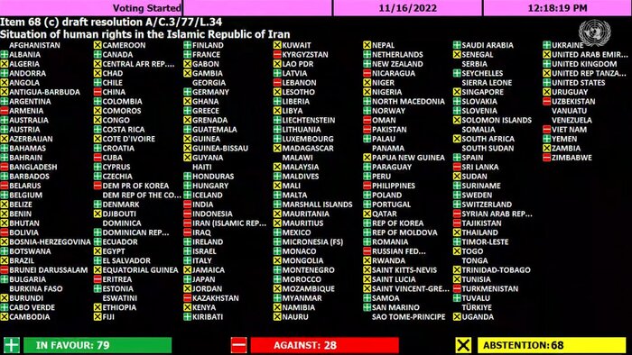 تصویب قطعنامه ضدایرانی در کمیته سوم مجمع عمومی سازمان ملل
