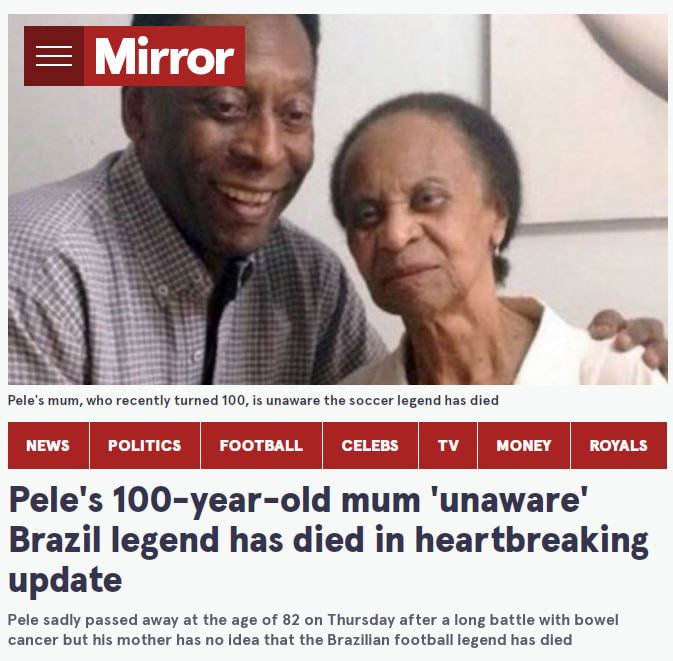 بیخبری مادر ۱۰۰ ساله پله از مرگ پسرش