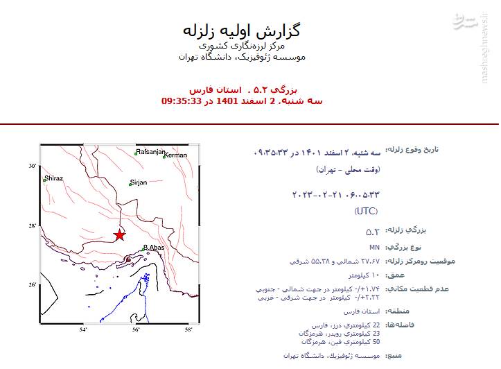 زلزله ۵.۲ ریشتری در استان فارس
