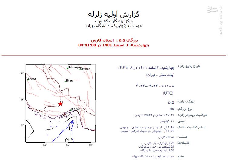 زمین‌لرزه ۵.۵ ریشتری در استان فارس 