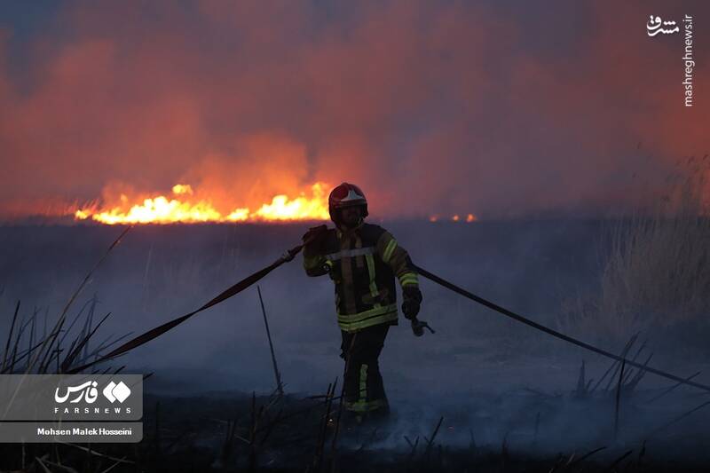 عکس/ شعلههای آتش بر تنِ تالاب میقان