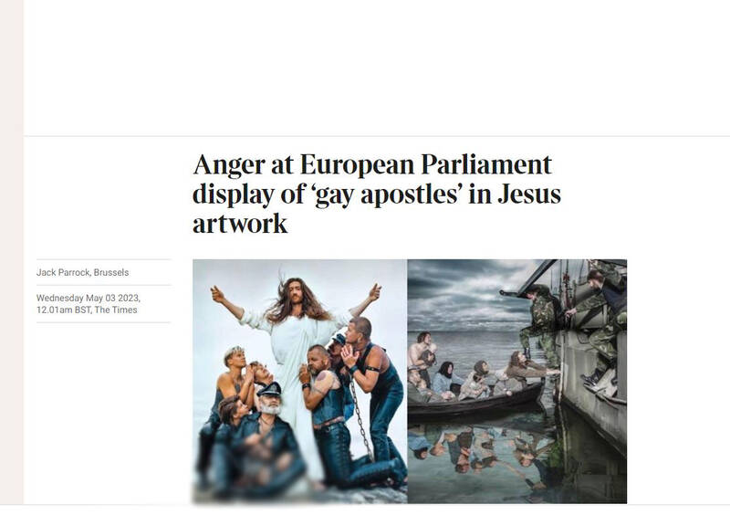 نمایش تابلوهای ضدانسانی و موهن در پارلمان اروپا/ چپهای اروپایی حواریون مسیح را هم «رنگینکمانی» کردند+عکس