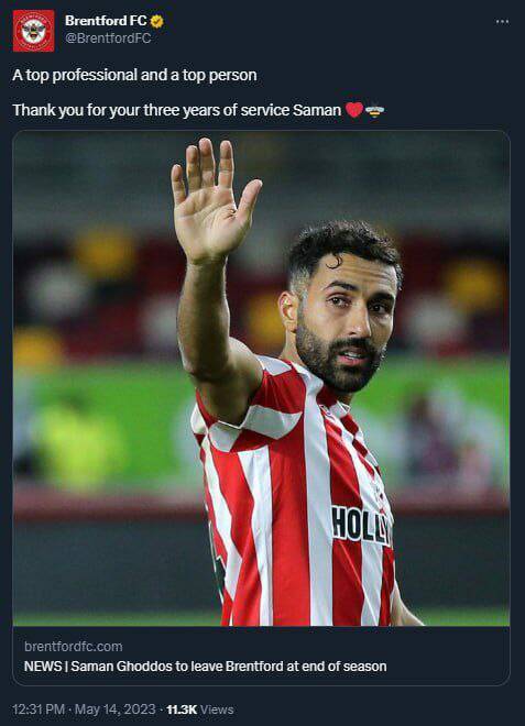 خداحافظی رسمی برنتفورد با قدوس/ سامان یک حرفهای بود +عکس