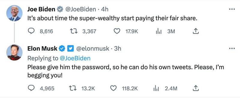 طعنه ایلان ماسک به توییتهای بایدن+عکس