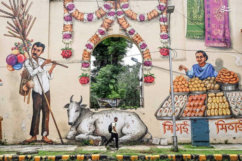 عبور یک رهگذر از کنار یک دیوار نقاشی شده در دهلی _ هند