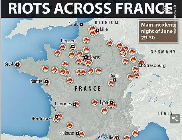 اعتراضات برای چهارمین شب در خیابان های فرانسه ادامه داشت. نقشه بالا محل وقوع حوادث را نشان می دهد.