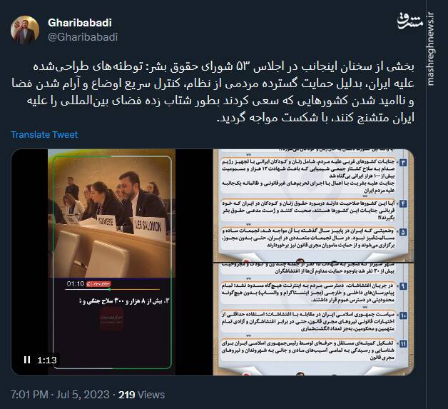 روایت غریبآبادی از حضور در اجلاس ۵۳ شورای حقوق بشر + فیلم