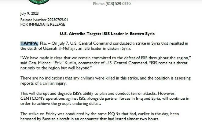 سنتکام: سرکرده داعش را در سوریه هدف قرار دادیم!