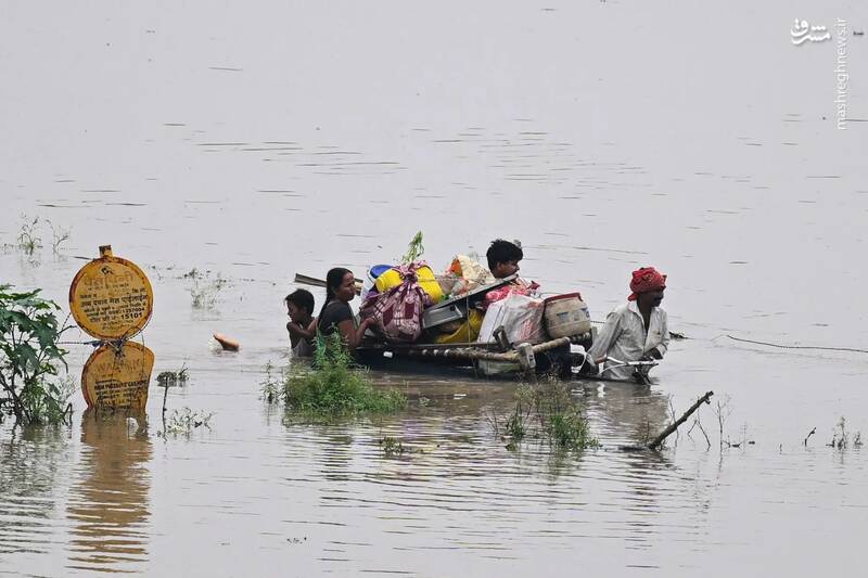 خانواده ای پس از طغیان رودخانه، گاری دوچرخه ای پر از وسایل خود را حرکت می‌دهند-دهلی نو _ هند