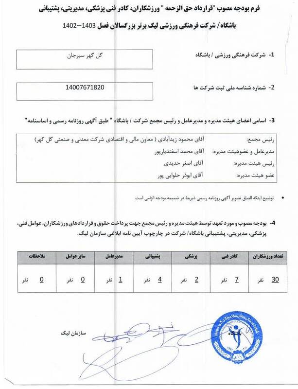 بودجه این فصل گلگهر سیرجان اعلام شد