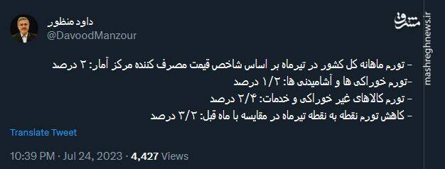 توئیت رئیس سازمان برنامه و بودجه درباره نرخ تورمهای موجود