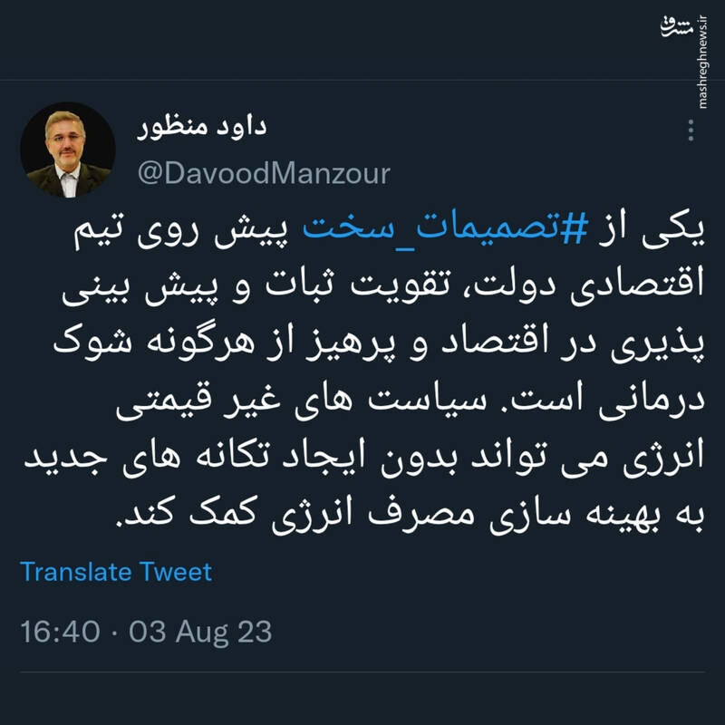 منظور: پرهیز از هرگونه شوک درمانی؛ از جمله تصمیمات سخت تیماقتصادی دولت است