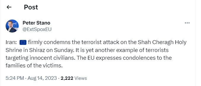 واکنش اتحادیهاروپا بهحمله تروریستی بهحرم مطهر شاهچراغ (ع)