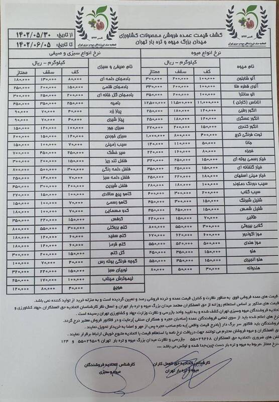 قیمت جدید انواع میوه و سبزیجات +جدول