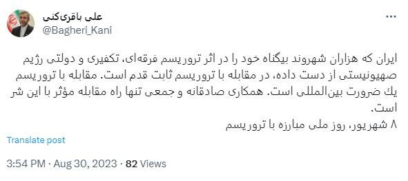 علی باقری: مقابله با تروریسم یک ضرورت بین‌المللی است