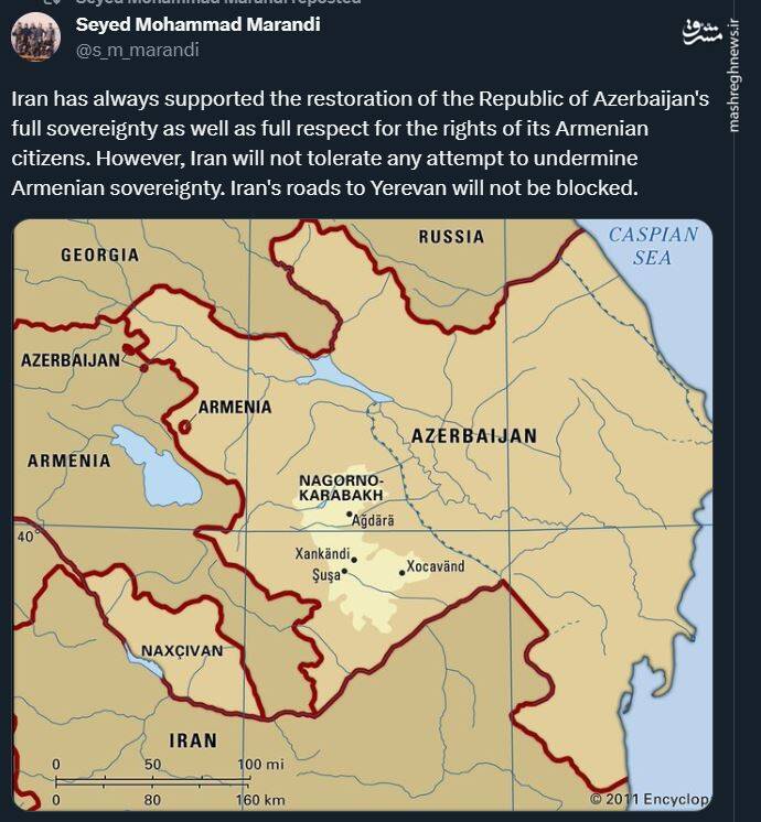 مرندی: راه های ایران به ایروان مسدود نخواهد شد