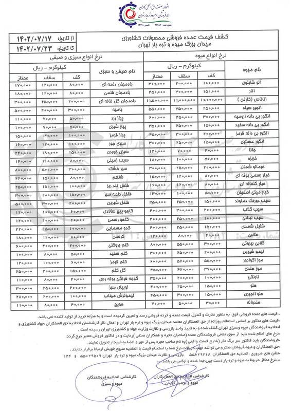 قیمت انواع میوه و سبزیجات +جدول