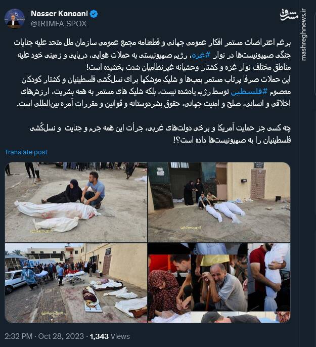 کنعانی: حملات اسرائیل شلیک های مستمر به همه بشریت و ارزشهای اخلاقی و انسانی است