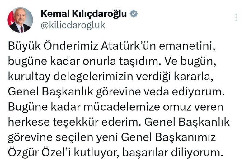 «قلیچدرا اوغلو» از رهبری حزب جمهوری‌خواه خلق ترکیه کنار گذاشته شد
