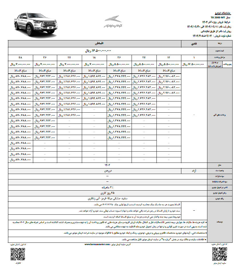 آغاز فروش نقد و اقساطی 2 خودرو جک J4 و کی ام سیT8 از سوی کرمان موتور ویژه آذر 1402