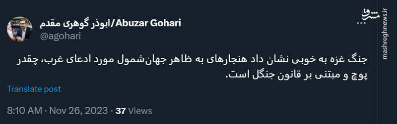 جنگ غزه نشان داد هنجارهای غربی مبتنی بر قانون جنگل است