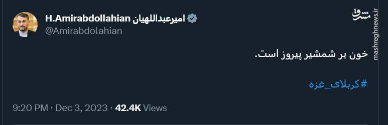 امیرعبداللهیان: خون بر شمشیر پیروز است