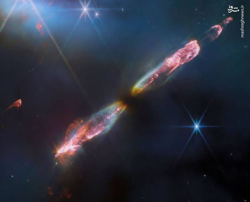 یک ستاره تازه متولد شده با چند ده هزار سال سن، گازهایی با سرعت مافوق صوت از قطب های آن به بیرون پرتاب می شود، عکس توسط تلسکوپ جیمز وب گرفته شده و توسط ناسا منتشر شده است.