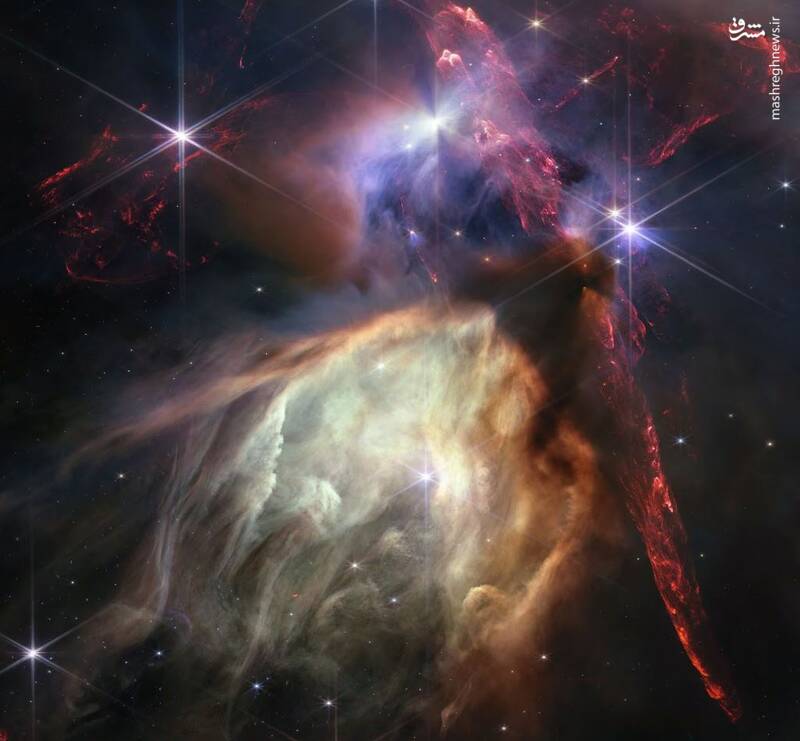 ستارگان خورشید مانندی که در این نمای نزدیک از رو اوفیوشی، نزدیکترین منطقه ستاره‌زایی به زمین متولد شده‌اند. عکس توسط تلسکوپ جیمز وب گرفته شده و توسط ناسا منتشر شده است.