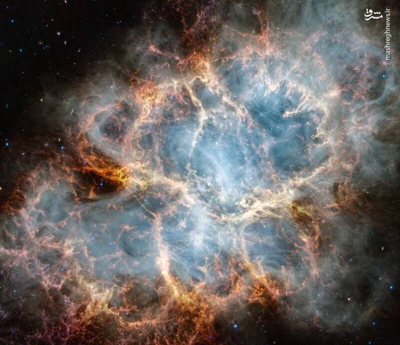 سحابی خرچنگ، بقایای یک ستاره منفجر شده در فاصله ۶۵۰۰ سال نوری از ما، در یک تصویر ترکیبی که توسط تلسکوپ جیمز وب گرفته شده و توسط ناسا منتشر شد دیده می شود.