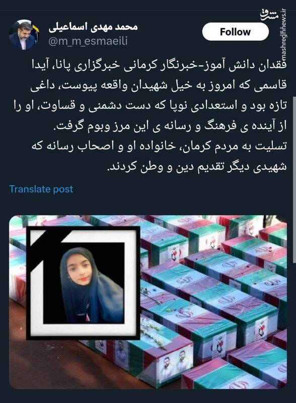 واکنش وزیر فرهنگ و ارشاد به شهادت دانش‌آموز خبرنگار کرمانی