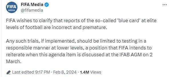 فیفا ورود کارت آبی به فوتبال را تکذیب کرد +عکس