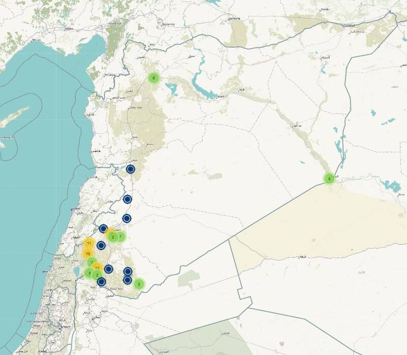 تصویر منابع عبری زبان از مختصات و تعداد حملات رژیم صهیونیستی به مواضع محور مقاومت در سوریه که تاکنون صورت گرفته است.