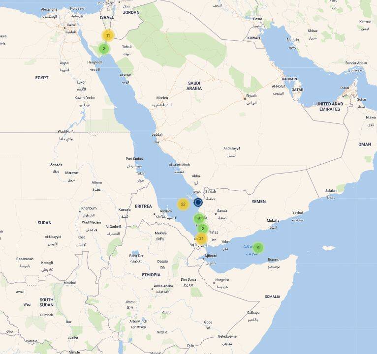 مختصات مناطقی که تاکنون نیروهای یمن کشتی‌های مرتبط با رژیم صهیونیستی در دریای سرخ یا سرزمین های اشغالی را مورد حمله قرار داده اند. 