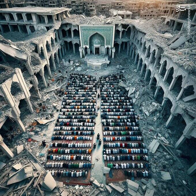 تصویری با شکوه از اقامه نماز جمعه در میان خرابهها