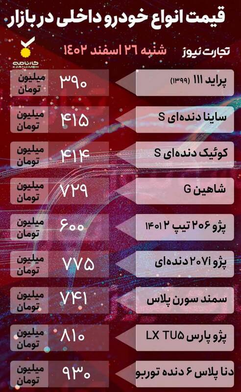 قیمت خودرو امروز 26 اسفند + جدول 2