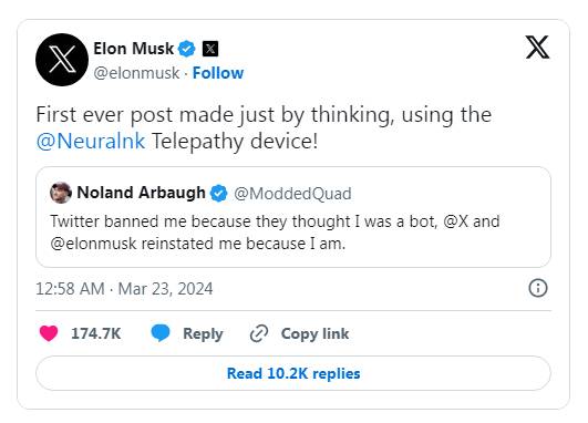 دریافتکننده تراشه مغزی نورالینک با ذهنش توییت کرد