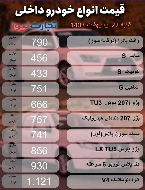 قیمت خودرو امروز 22 اردیبهشت + جدول 2