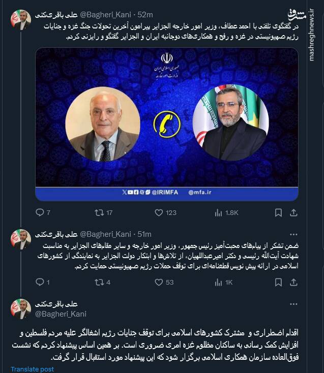 باقری: افزایش کمک رسانی به ساکنان مظلوم غزه امری ضروری است