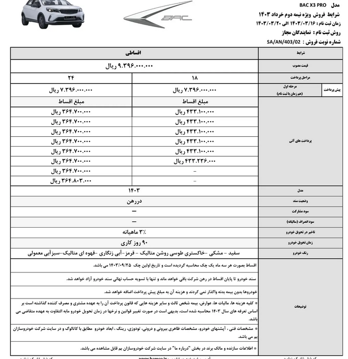 شرایط فروش اقساطی بک X۳ پرو در خرداد ۱۴۰۳+جدول