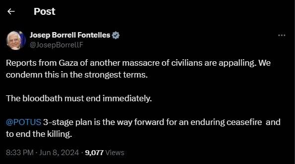 بورل: کشتار مردم در النصیرات وحشتناک است