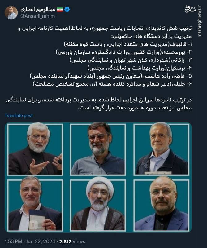 ترتیب شش کاندیدای انتخابات به لحاظ اهمیت کارنامه اجرایی